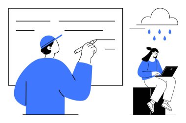 Bir başkası yağmur damlaları altında dizüstü bilgisayarda çalışırken tahtaya yazı yazan kişi. İşbirliği için ideal, takım çalışması, yaratıcılık, beyin fırtınası, uzaktan çalışma, eğitim, problem çözme. Basit düz metafor