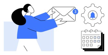 Elinde büyük bir zarf tutan bir kadın. Bildirimli rozet, çan simgesi ve takvimi olan bir alet. İletişim, organizasyon, görev yönetimi, takım çalışması, programlama için ideal