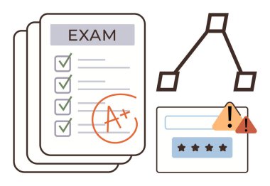 Sınav kağıdında A notu, onay kutuları, karar akış çizelgesi ve uyarı işaretleri var. Eğitim, değerlendirme, test, karar verme riski değerlendirme akademik başarı için idealdir. Basit düz metafor