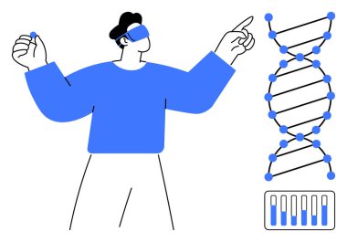 VR kulaklıklı adam 3 boyutlu DNA modeli ve genetik veri sunumuyla etkileşime giriyor. Bilim, eğitim, genetik, araştırma, yenilik, biyoteknoloji için ideal, basit iniş sayfası