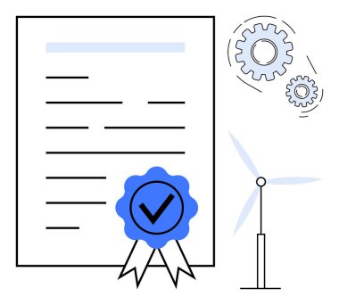 Mavi onay rozeti ile işaretlenmiş sertifika belgesi, enerji için dişli vurgulama işlemleri ve rüzgar türbini. Sürdürülebilirlik, temiz enerji, akreditasyon, yeşil iş, çevre dostu