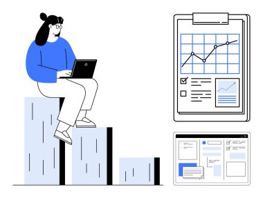 Bar grafiğinde oturan bir kadın dizüstü bilgisayardaki verileri gözden geçiriyor, çizelge ve listeli bir pano, web sayfası düzeni. İş, analitik, planlama, strateji, büyüme organizasyonu verimliliği için idealdir. Basit.