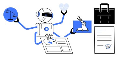 Gelişmiş robot adalet ölçeğini, kalbi, robot kolu, dijital pano, evrak çantası ve kontratı dengeliyor. Yapay zeka, teknoloji ve karar verme etik otomasyonu için ideal.