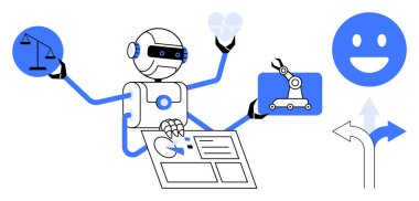 Robot çoklu görev, adalet ölçeği, kalp, robot kol, gülen yüz ve arayüz paneli. Yapay zeka, robot bilimi, karar verme mekanizması otomasyon etiği için ideal. Basit iniş sayfası.