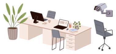 Sandalyeler, dizüstü bilgisayarlar, kitaplar ve saksılarla kurulmuş düzenli ofis masası. Güvenlik kamerası da dahil. Üretkenlik, organizasyon, teknoloji, işyeri güvenliği profesyonelliği için ideal