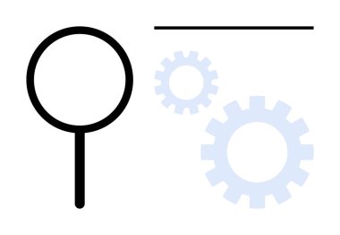 Büyüteç, aramayı sembolize eder. Geliştirme ve problem çözme için dişliler ve bağlantı için bir çizgi. Araştırma, yenilik, analiz, takım çalışması, büyüme, üretkenlik için ideal basit düz