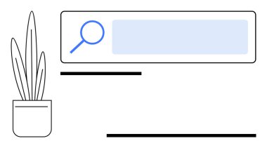 Büyüteç ikonlu arama çubuğu, saksıda dekoratif bitki, metin tutacağı. Web tasarımı için ideal, UIUX, minimalizm, dijital araçlar, modern stil, üretkenlik sade iniş sayfası