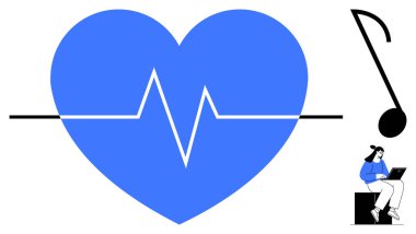 Siyah taban çizgisi boyunca beyaz nabzı olan mavi kalp, büyük bir nota, dizüstü bilgisayarla meşgul olan kişi. Sağlık, sağlık, yaratıcılık, teknoloji, farkındalık, müzik terapisi için idealdir.