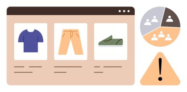 Çevrimiçi mağaza düzeni tişört, pantolon, ayakkabı, kullanıcı analizi grafiği ve uyarı levhasının yanında. E-ticaret, analitik, moda, dikkat, pazarlama kullanıcısı davranışı için idealdir.