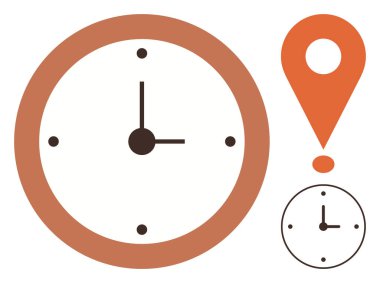 Kahverengi çerçeve ve konum broşlu analog saat, zaman ve coğrafya ilişkisini vurguluyor. Dakiklik, zamanlama, zaman yönetimi, hatırlatıcılar, mühletler, navigasyon için ideal, basit düz metafor