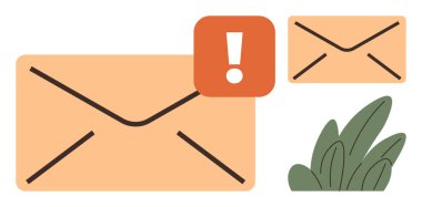 İki zarf, birinde uyarı işareti ve yeşil bir bitki var. İletişim, posta, uyarı, tebligat, dikkat, mesaj bilgileri için ideal. Basit bir düz metafor.