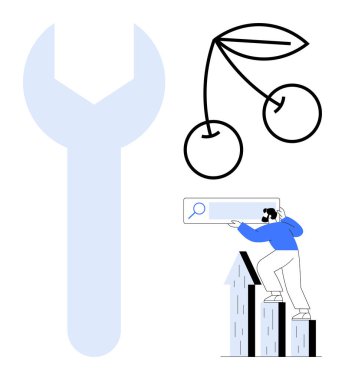 Arama çubuğuna işaret eden adam büyüme çizelgesinin üstünde. Tamir, yenilik ve gelişimi simgeleyen büyük boy İngiliz anahtarı ve kirazları. Üretkenlik, büyüme, çözümler, analiz, mühendislik başarısı için idealdir.