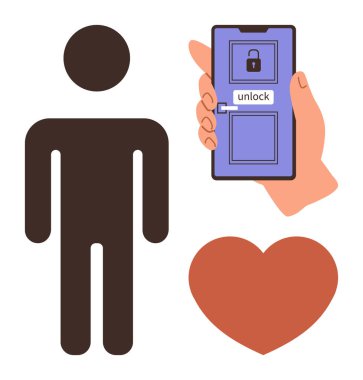 Yanında elinde akıllı telefonunla kapıyı açan, kalp ikonu olan biri var. Güvenlik, aşk, flört, teknoloji, erişim, online etkileşim için ideal, basit düz metafor