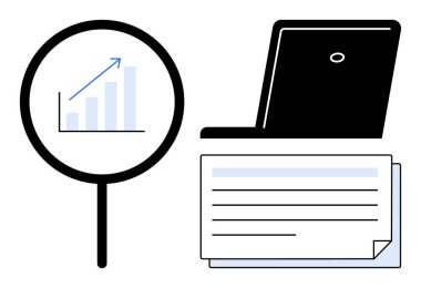 Yukarı doğru çizili büyüteç, organize belgelerin yanında dizüstü bilgisayar. Veri analizi, araştırma, üretkenlik, bilgi büyümesi, pazar eğilimleri, iş başarısı, basit düz