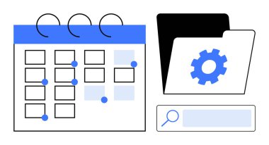 İşaretli tarihli takvim, bir dizin içinde dişli simgesi ve üretkenlik için arama çubuğu. Zamanlama, planlama, iş akışı optimizasyonu, proje yönetimi, dosya organizasyonu, dijital araçlar için ideal