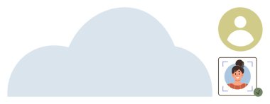 Genel kullanıcı simgesiyle bulut arkaplanı ve doğrulama işaretli çerçeveli bireysel fotoğraf. Hesap yönetimi, veri gizliliği, güvenlik, biyometrik, kimlik doğrulaması için ideal