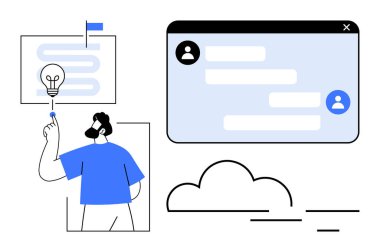 Akış şemasını ışık ikonu, mesaj arayüzü ve bulut ile gösteren bir adam. Beyin fırtınası, iletişim, takım çalışması, fikir paylaşımı, yenilik, yaratıcılık teknolojisi platformları için idealdir.