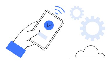 Kablosuz sinyaller, vitesler ve bulutla işaretlenmiş akıllı bir telefon. Teknoloji, otomasyon, bulut hesaplama, mobil uygulamalar, bağlantı, veri senkronizasyonu için ideal