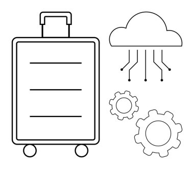 Bavul, bağlantı çizgileri olan bulut ve seyahat, teknoloji, veri entegrasyonu, bağlantı, yenilik, otomasyon ve verimliliği sembolize eden vitesler. Modern seyahat platformları teknolojisi için ideal.