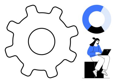 Yanında dizüstü bilgisayar kullanan bir kadın vardı. Yanında da pasta çizelgesi vardı. Konseptler için ideal iş akışını, üretkenliği, veri analizini, takım çalışmasını, planlamayı, yeniliği, basit düz metaforu parmakla