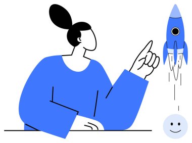 Uçan roketi işaret eden kişi başarıyı, başarıyı, liderliği simgeliyor. Girişimcilik, yenilik, iş büyümesi, hırs, hedef belirleme, takım çalışması için ideal düz metafor