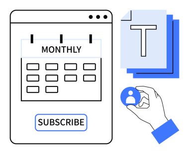 Aylık başlıklı takvim, mavi abone tuşu, belge yığını ve bir profil simgesi seçiliyor. Üyelikler, zamanlamalar, içerik, yönetim, dijital araçlar kullanıcı bağlılığı için ideal