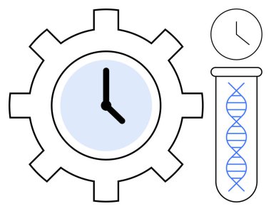 Test tüpündeki DNA ve standalon saatin yanındaki dişli saat. Biyoteknoloji, zaman yönetimi, bilim, yenilik, tıp, araştırma ve verimlilik için ideal. Basit düz metafor