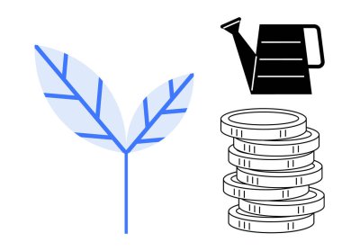 Büyümeyi sembolize eden bir yaprak, destek için bir sulama kutusu ve kaynaklar için birikmiş paralar. Yatırım, sürdürülebilirlik, çevre dostu uygulamalar, mali destek, büyüme stratejisi, tarım için ideal