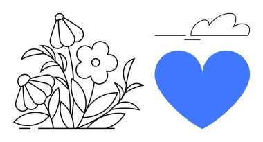 Çiçeklerin ana hatları, cesur mavi bir kalp ve basit bir bulut. Aşk, doğa, bakım, refah, çevre dostu ürünler için ideal. Kişisel bakım ve minimalist markalaşma. Basit bir iniş için mükemmel.