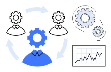 İnsanlar dişlilerle entegre olmuş ikonlar, bir döngü oluşturan oklar ve büyümeyi gösteren bir grafik. Takım çalışması, üretkenlik, iş akışı, liderlik, geliştirme stratejisi pazarlaması için ideal. Basit düz
