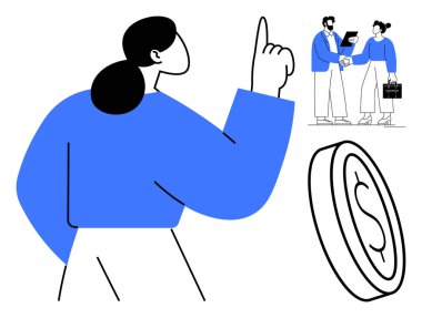 Yukarıya bakan kadın, belgelerle el sıkışan iki meslektaşı ve takım çalışması, mali başarı ve hedef hizalamasını vurgulayan bir madeni para. Finans, strateji, işbirliği, büyüme için ideal