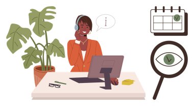 Müşteri hizmetleri görevlisi soruları kulaklıkla cevaplıyor. Takvim, büyüteç, gözlük ve bitki ile çevrili. İletişim, iş, destek, danışma programlama bilgileri için ideal