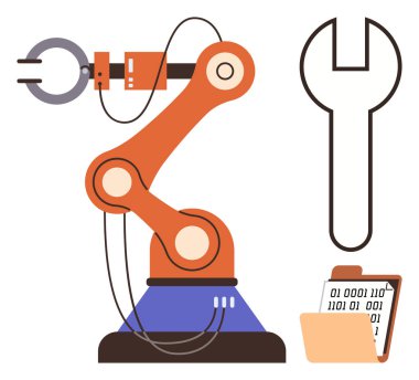 İngiliz anahtarı ve ikili veri klasörünün yanında robot kol. Teknoloji, robot bilimi, mühendislik, imalat, dijital dönüşüm, yenilik ve endüstriyel otomasyon için ideal. Basit düz metafor