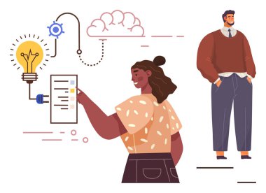 Kadın, yenilik ve planlamayı temsil eden ampul, teçhizat ve bulut ile bağlantılı bir görev listesini kontrol ediyor. Adam takım çalışmasını ya da liderliği sembolize ediyor. Planlama ve takım çalışması için ideal.