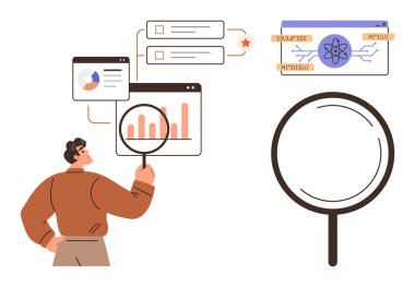 Haritaları, grafikleri ve verileri büyüteçle analiz eden, araştırma, analitik, büyüme ve karar verme üzerine odaklanan bir adam. Veri görselleştirme ve iş stratejisi piyasa araştırması için ideal