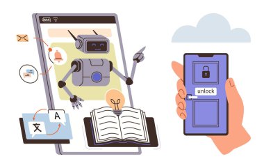 Akıllı telefondan ortaya çıkan ve görevlerde yardımcı olan robot öğrenme, çeviri ve bilgilendirmeleri başarıyla tamamladı. El ele tutuşan telefon güvenlik kilidini gösteriyor. AI, eğitim, üretkenlik ve dil için ideal