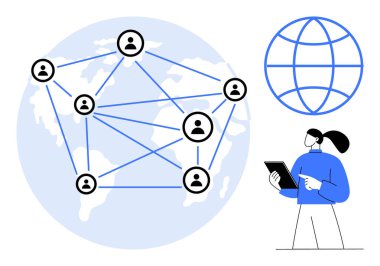 Dünya haritası üzerinde birbirine bağlı kullanıcı simgeleri ağı, dünya sembolü ve tablet tutan bir kişi. İletişim, küreselleşme, bağlantı, işbirliği, uzak çalışma, dijital strateji için ideal
