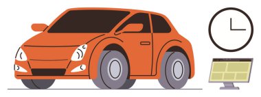 Duvar saati ve bilgisayar monitörünün yanında yuvarlak kenarlı parlak kırmızı bir araba. Ulaşım, dağıtım, otomotiv teknolojisi, lojistik, zaman optimizasyonu, filo yönetimi ve proje planlaması için ideal. Temiz