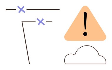Ünlem üçgeni, bulut ve çapraz çizgiler dikkat, kopukluk ya da hataya işaret ediyor. Dijital riskler, başarısızlık uyarıları, tehlike işaretleri, bulut güvenliği ağ sorunları için ideal