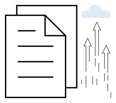 Yükselen oklar ve bulutların yanında istiflenmiş belgeler, dijital veri transferini, bulut depolamasını, verimliliği, büyümeyi, iş organizasyonunu, verimliliği, verimliliği, yeniliği sembolize ediyor. Basit düz metafor