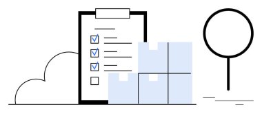 Kontrol listeli pano, istiflenmiş kutular, dijital bulut ve büyüteç. Lojistik, organizasyon, tedarik zinciri, e-ticaret dağıtımı ve dijital depolama kavramları için ideal. Basit düz
