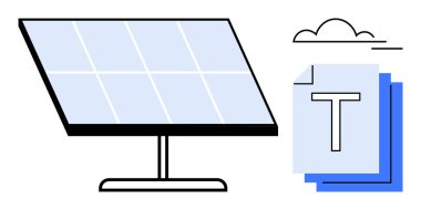 Metin belge yığını ve bulut grafikli güneş paneli. Sürdürülebilirlik, yenilenebilir enerji, teknoloji, temiz enerji, çevre dostu yenilik, belgeler, basit iniş sayfası için ideal