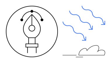 Akan mavi oklarla eşleştirilmiş kalem aracı simgesi ve bulut tasarım, yenilik, süreç ve fikir üretimini temsil eder. Yaratıcılık, tasarım, akış, yenilik, basitlik büyümesi için ideal