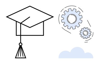 Dişlilerin yanında mezuniyet şapkası ve bilgi, işbirliği, teknoloji ve ilerlemeyi simgeleyen bir bulut. Eğitim, yenilik, takım çalışması, geliştirme stratejisi başarı teknolojisi için idealdir. Basit.