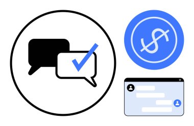 Üzerinde kontrol işareti olan konuşma baloncukları, çemberin içinde dolar işareti ve sohbet penceresi. Finans, mesajlaşma, kimlik doğrulama, e-ticaret, teknoloji, üretkenlik için ideal basit iniş sayfası