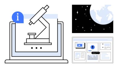 Bir mikroskop simgesi, veri merkezli web siteleri ve uzayda bir Dünya görüşü içeren dizüstü bilgisayar ekranı. Eğitim, bilim, teknoloji, yenilik, araştırma keşfi ve e-öğrenme için ideal. Basit düz