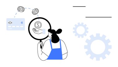 Kadın dolar sikkelerini ve el ikonunu büyüteçle inceliyor, kredi kartına bağlı. Vitesler işlem akışını gösteriyor. Finans, iş stratejisi, iş akışı, analiz, denetim, planlama için ideal