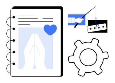 Dua eden elleri ve kalbi olan bir defter aç, kancayı aç, şifreleri hedefle, ve vites simgesini. Siber güvenlik, veri koruması, inanç teknolojisi sinerjisi, kişisel güvenlik, dijital ahlak, takım çalışması için ideal