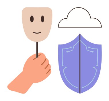Dijital kalkan ve bulut yanında el yakalama maskesi gizlilik, veri koruması ve siber güvenliği simgeliyor. Çevrimiçi kimlik, güven, risk, internet anonimliği için ideal. Düz basit metafor