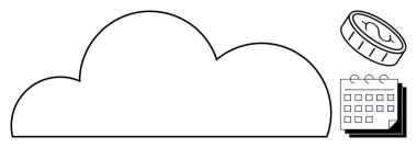 Bir yığın takvim ve madeni para içeren bulut ana hatları, dijital organizasyonu, planlamayı, maliyet yönetimini, bulut hesaplamasını, veri depolamayı, üretkenliği ve zaman tasarrufu yapmayı temsil ediyor. Fintech için ideal